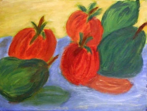 Erproben der Bildaufteilung mit einfachen Formen. (Hier mit Äpfel und Birnen) Die Töne wurden aus den Grundfarben ermischt.